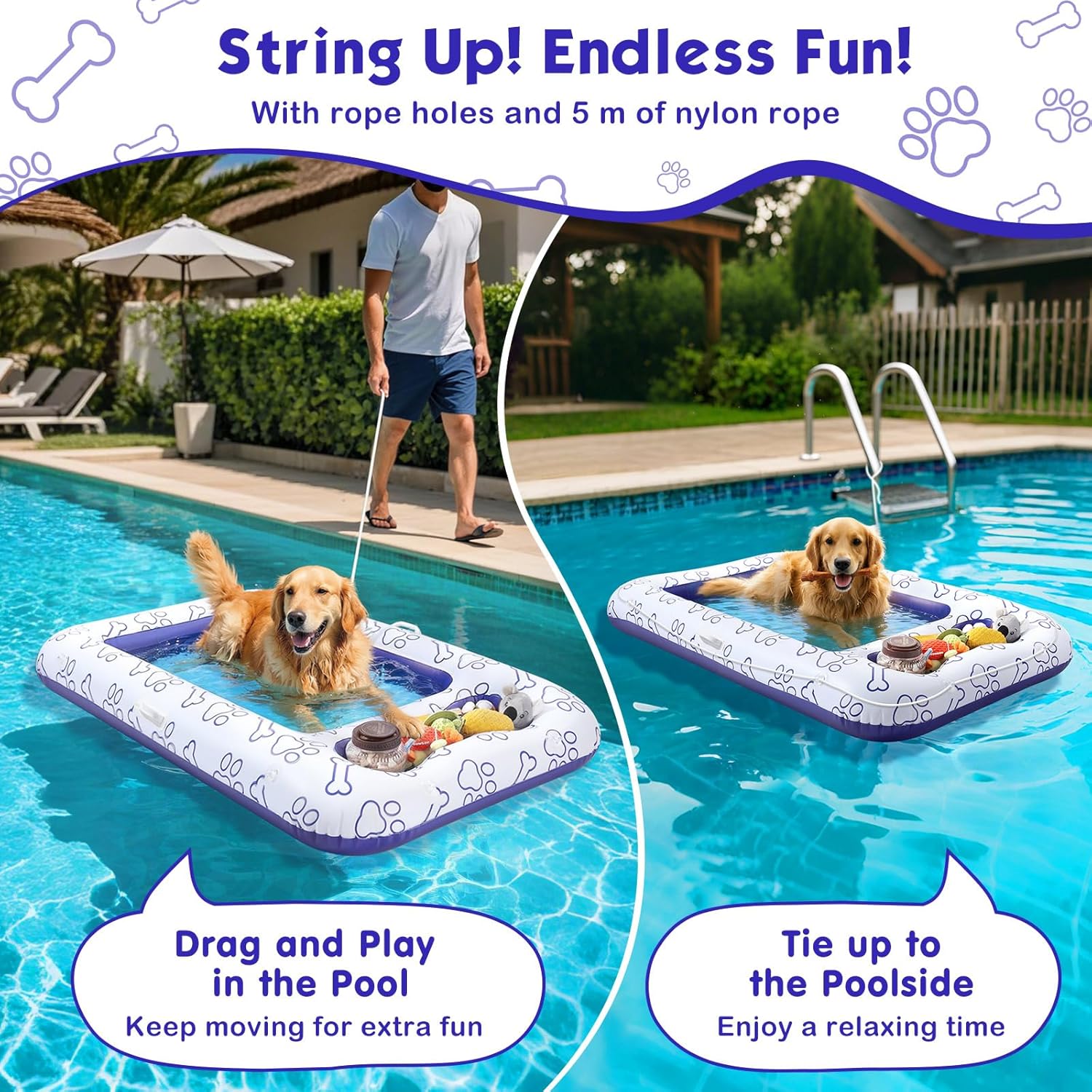 Detalle de MoKo Hundepool-Schwimmfloß 59 × 35 Zoll – Aufblasbares Hundebett mit Staufach, PVC/Mesh, Blau