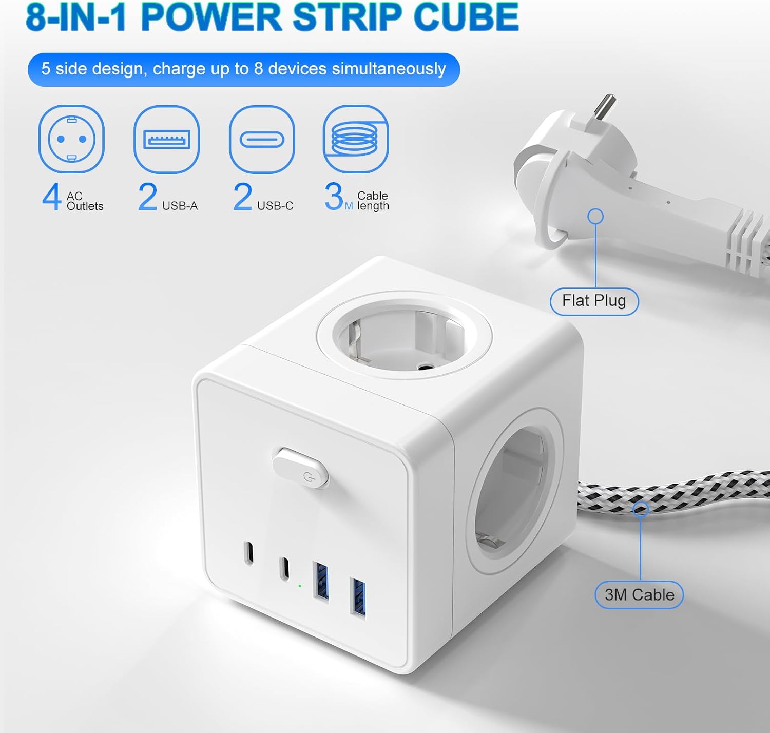 Thumbnail 3 de Steckdosenwürfel mit 4 USB – Steckdosenleiste mit 4 Schuko, 2×USB-A und 2×USB-C, Schalter, 3 m Kabel, weiß