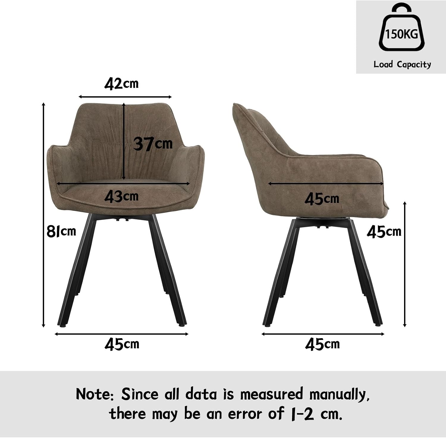 Thumbnail 2 de LEWE 360° Swivel Dining Chairs (Set of 2) with Arms, Backrest & Metal Legs in Brown