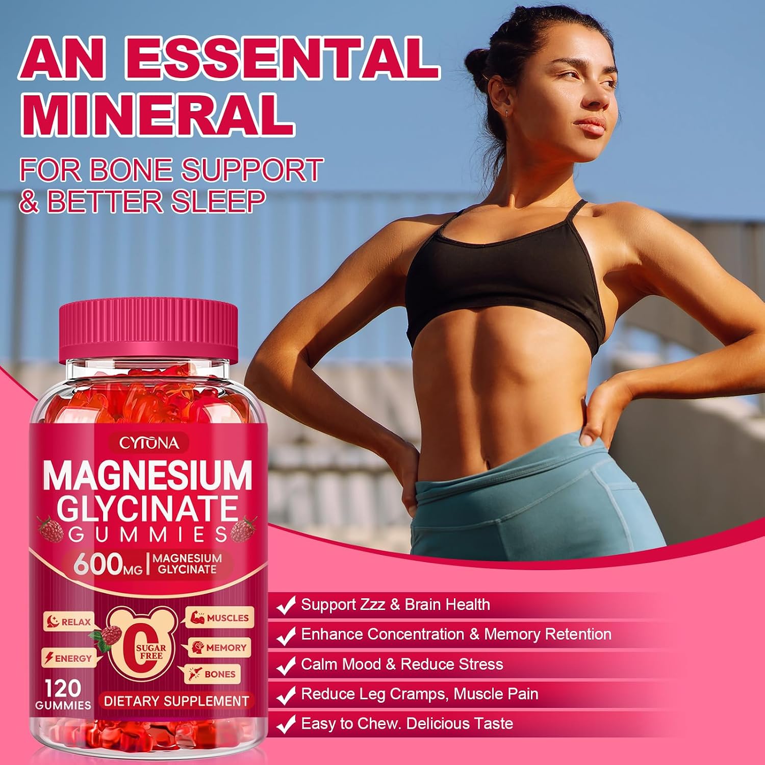 Detalle de Cytona Magnesium Glycinate Gummies, 600 mg Complex, Sugar-Free, 120 Count