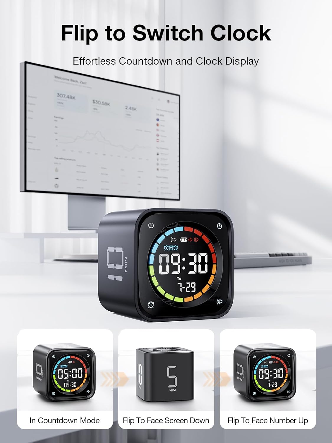 Detalle de Ticktime TK3 Pomodoro Timer Cube (Desk Productivity Timer) with 5/10/30/60 Presets, Custom Countdown, Stopwatch, Clock & 3 Alarms