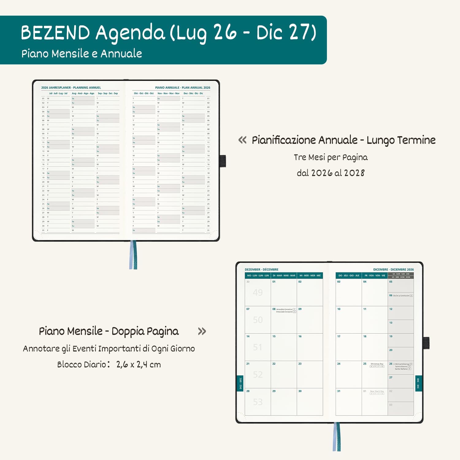 Detalle de BEZEND Agenda 2026/2027 Settimanale Tascabile A6, Copertina in Pelle PU Verde Foresta, 18 Mesi