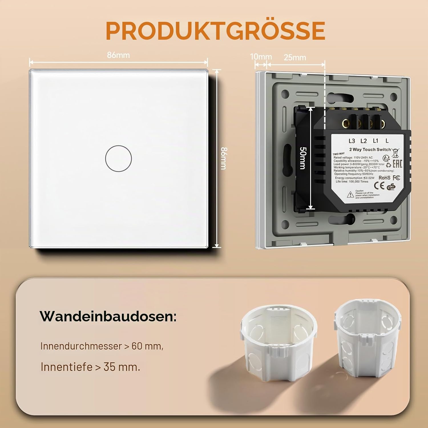 Thumbnail 2 de BSEED Touch Lichtschalter aus Glas – 2-Wege, Unterputz, LED-Hintergrundbeleuchtung, Kein Neutralleiter erforderlich, Weiß, 2er Pack