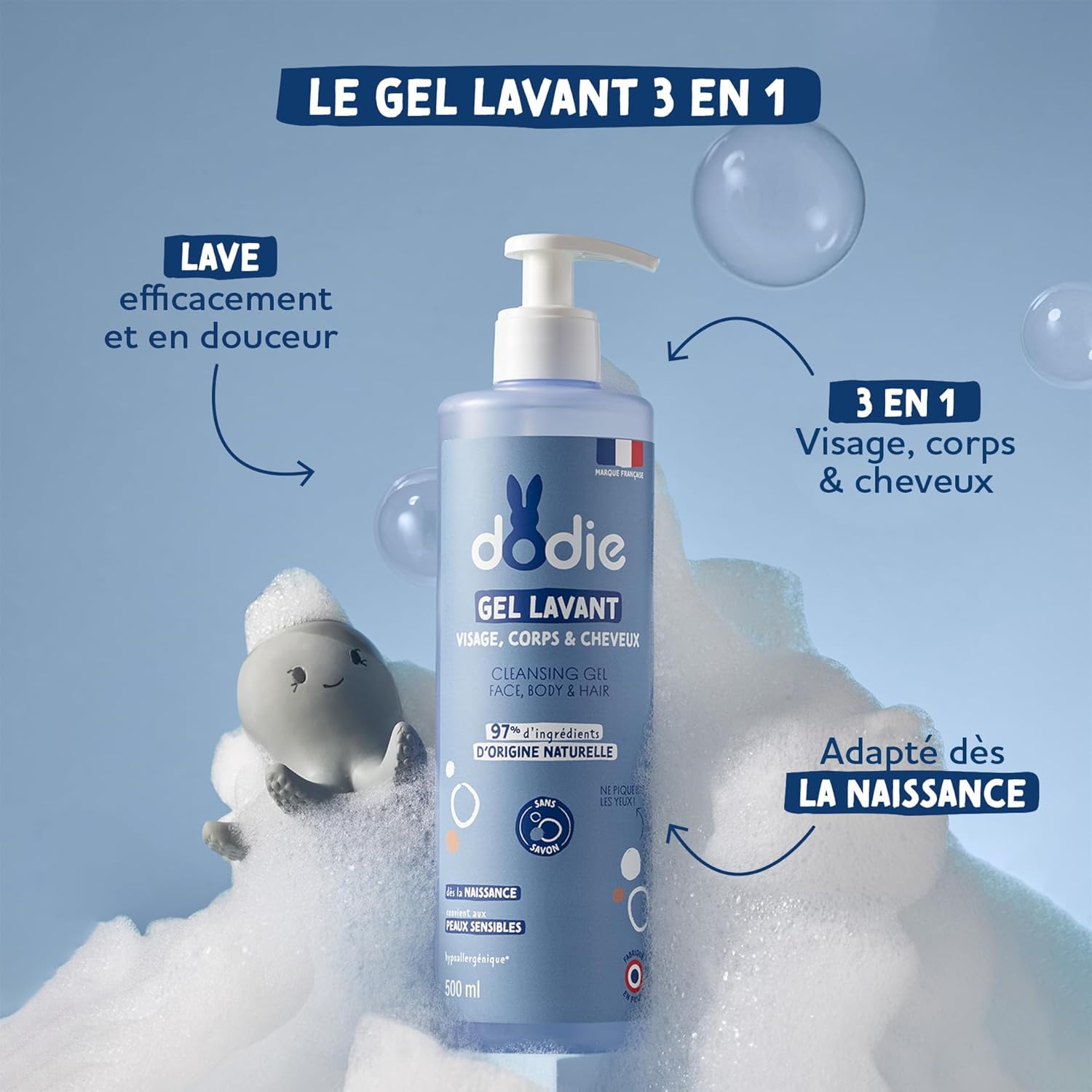Detalle de DODIE Lot de 3 Gels Lavants 3 en 1 (3 x 500 mL) – Nettoyant Visage, Corps et Cheveux