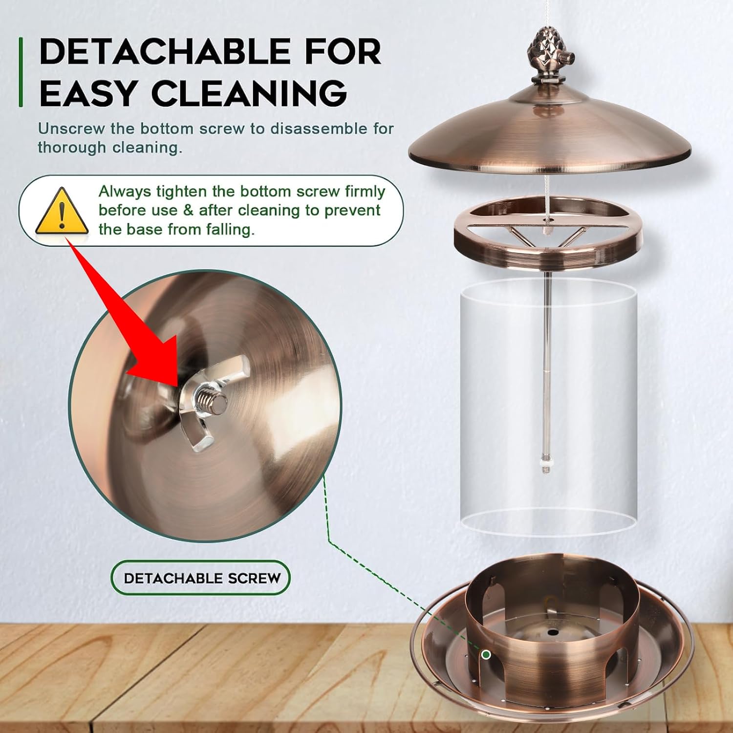 Detalle 1 de Gbekery HKTY-WSQ-GTCG Hanging Bird Feeder, 2 lb Capacity, Copper, 360° Tray