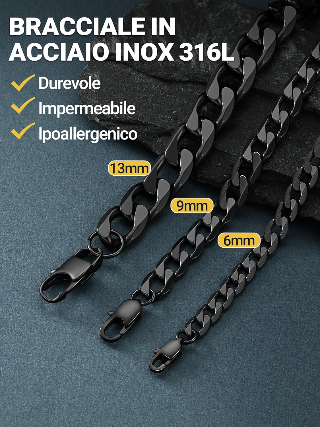 Thumbnail 4 de Bracciale uomo PROSTEEL in catena cubana tridimensionale (06/09/13 mm) in acciaio inox, confezione regalo
