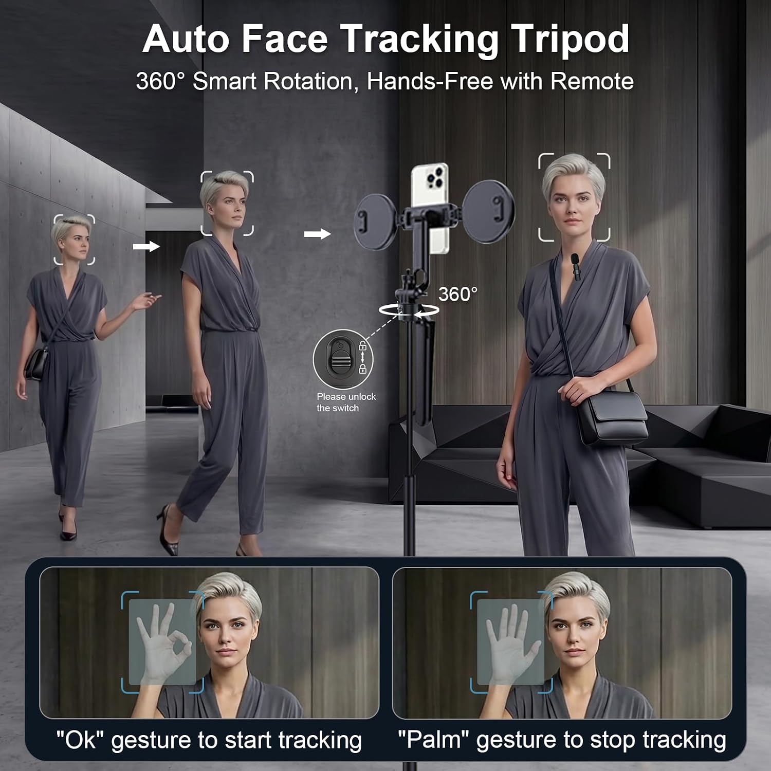 Detalle 2 de Tripod for iPhone with Light and Remote: 71" Auto Face Tracking Video Kit