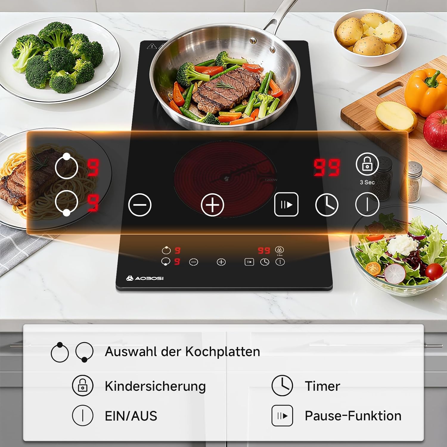 Thumbnail 1 de Aobosi Glaskeramikkochfeld 2 Platten 3.000 W