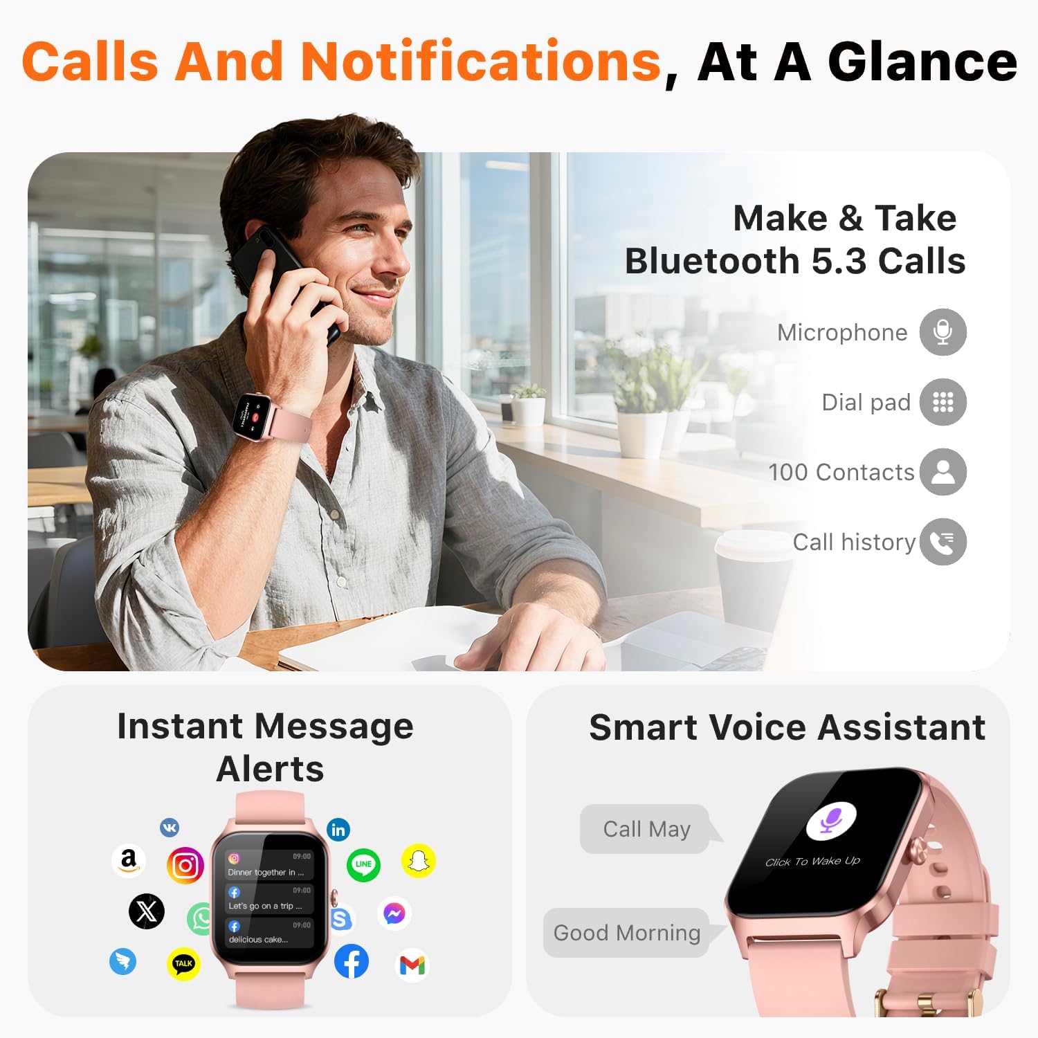 Detalle de Kriutefy Smart Watch for Women & Men (Sakura Pink) – Bluetooth Calling, 110+ Sports Modes and Sleep Tracking