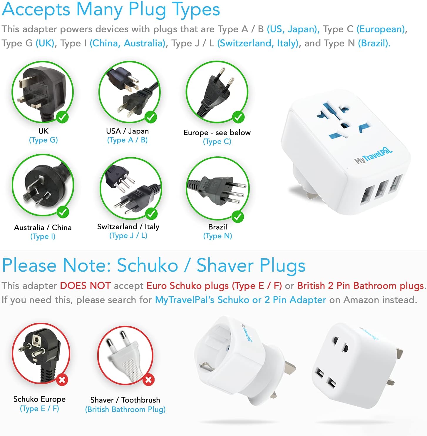 Thumbnail 2 de MyTravelPal US to UK Plug Adapter with USB Ports (Type G, UK safety standards)