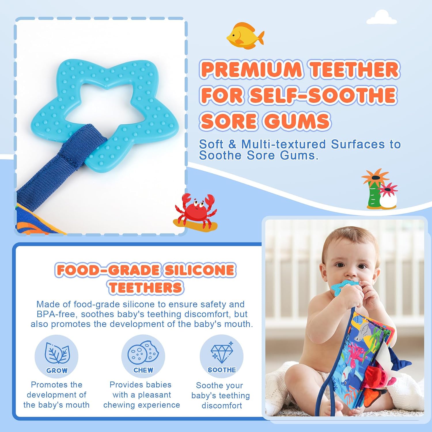 Thumbnail 6 de BBWOO Soft Baby Book Toy with Crinkle Sounds, Textures and Teether