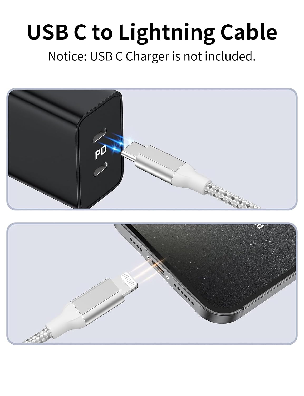 Detalle de Acecene USB‑C auf Lightning Kabel 1 m (2er‑Set) mit MFi & Power Delivery, silber