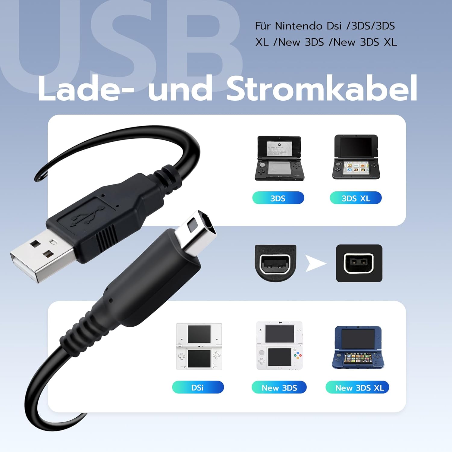 Detalle de Mcbazel USB-Ladekabel für Nintendo DSi/3DS/2DS – Ersatzkabel für New & XL Modelle, 1,2 m