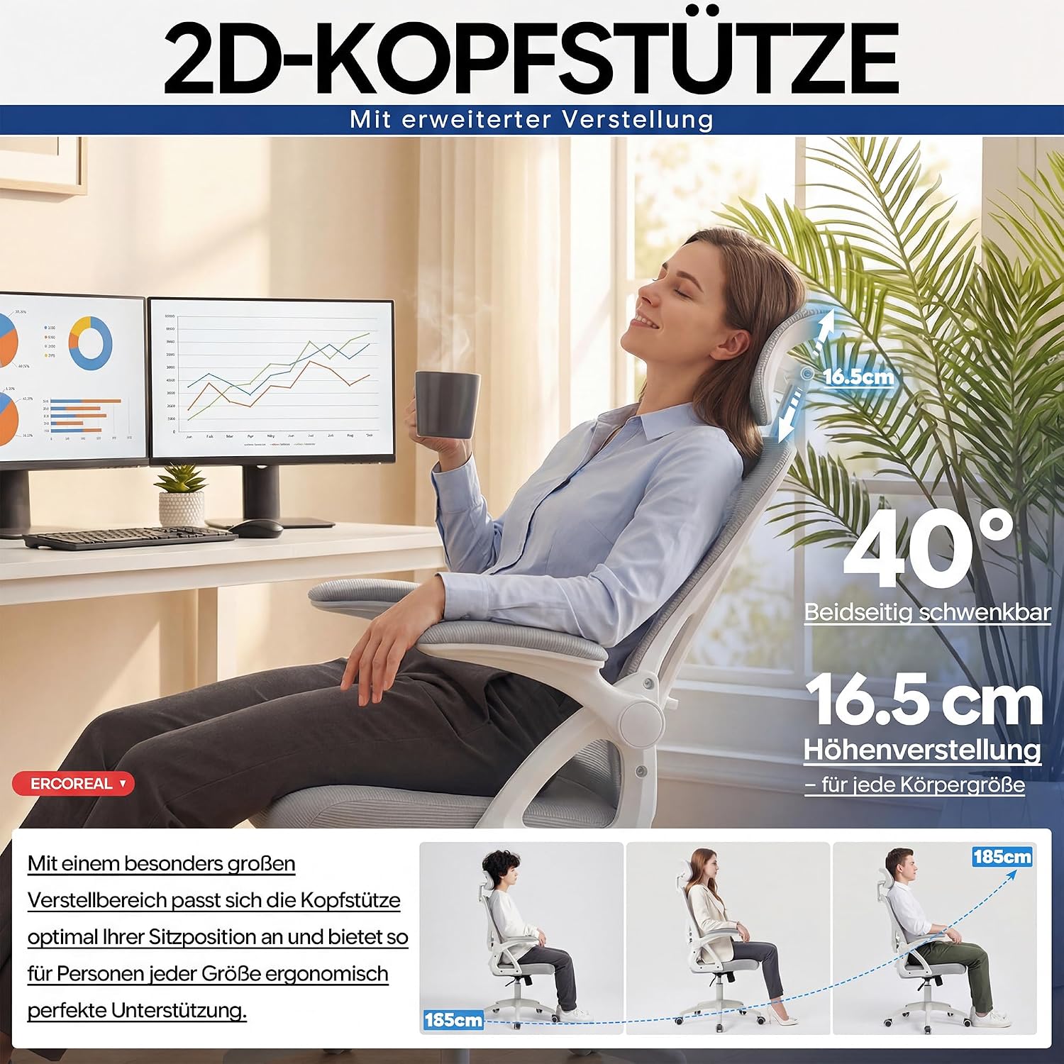 Thumbnail 2 de Ergoreal Ergonomischer Mesh-Bürostuhl Home Office 25W03 – verstellbare Lendenstütze, 2D Kopfstütze, klappbare Armlehnen, leise PU-Rollen, Klasse-3-Gasfeder