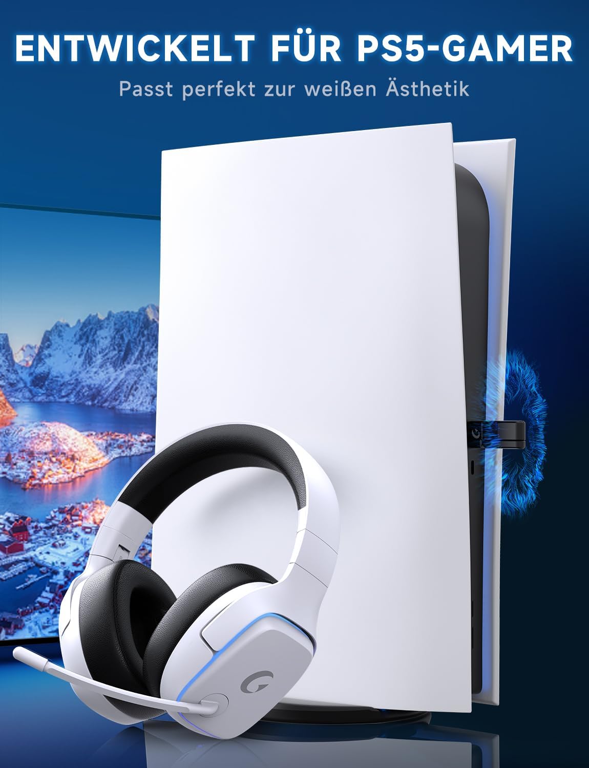 Detalle de Gvyugke Wireless Gaming Headset mit Mikrofon – 2.4 GHz & Bluetooth 5.3, 7.1 Surround, Noise Cancelling, 70h Akku, RGB, klappbar
