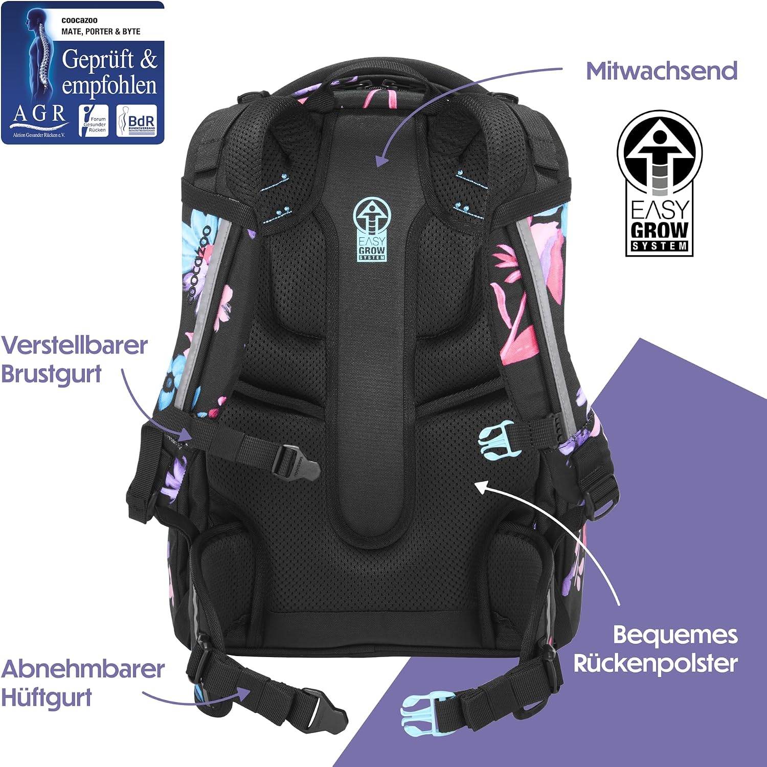 Detalle 2 de Coocazoo MATE Schulrucksack Floral Artnight – ergonomisch verstellbar, ab der 3. Klasse