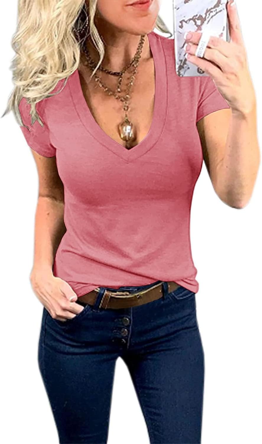 Thumbnail 5 de Fessceruna Damen T-Shirt mit V-Ausschnitt, Kurzarm, Slim Fit (Sommer Basic)
