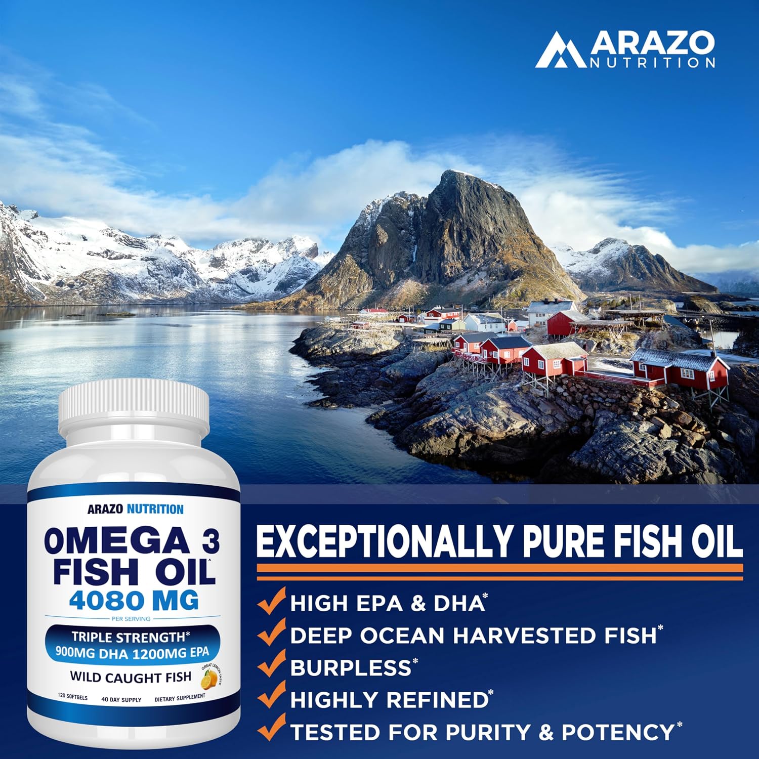 Detalle 2 de Arazo Nutrition BS012 Omega-3 Fish Oil, 4,080 mg, Lemon Softgels