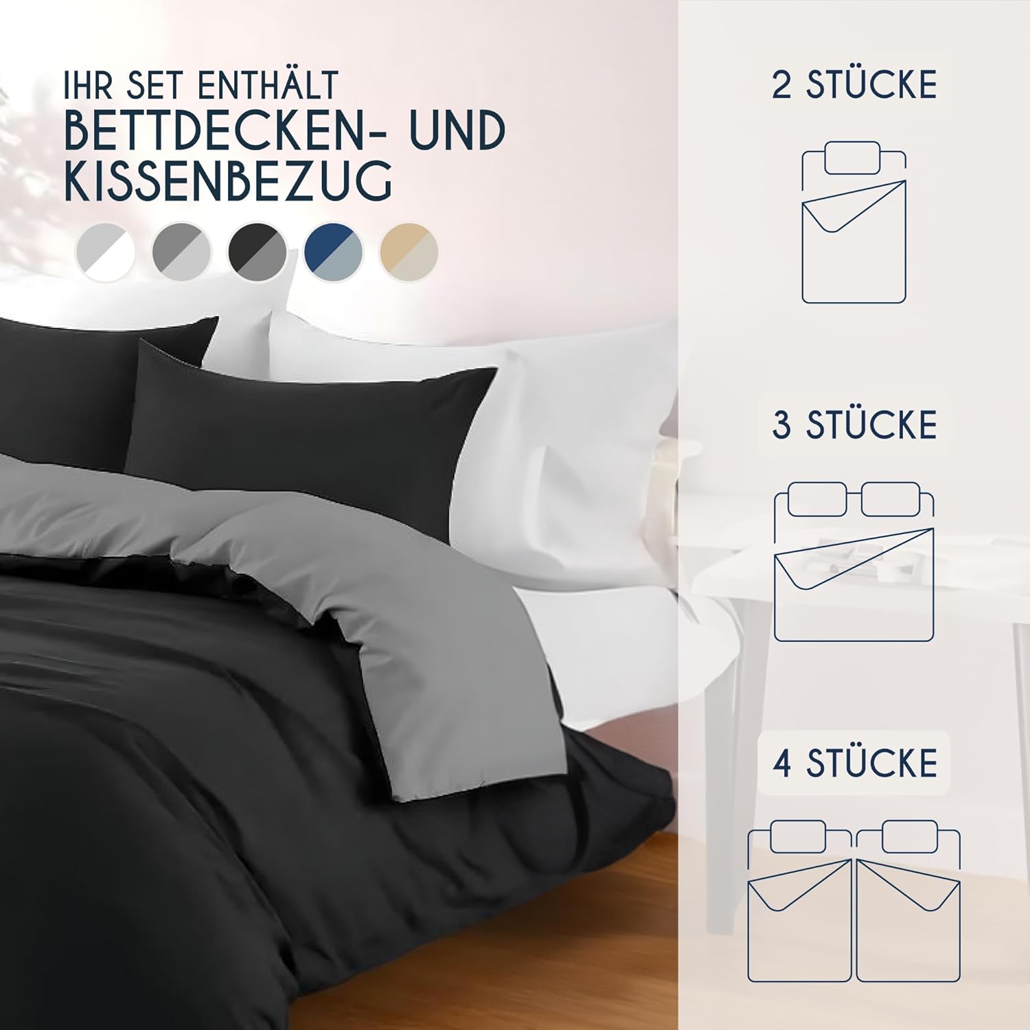 Thumbnail 5 de Dreamzie Bettwäsche-Set 155x220 cm (Schwarz/Dunkelgrau) mit 2 Kissenbezügen 80x80 cm aus 100% Mikrofaser