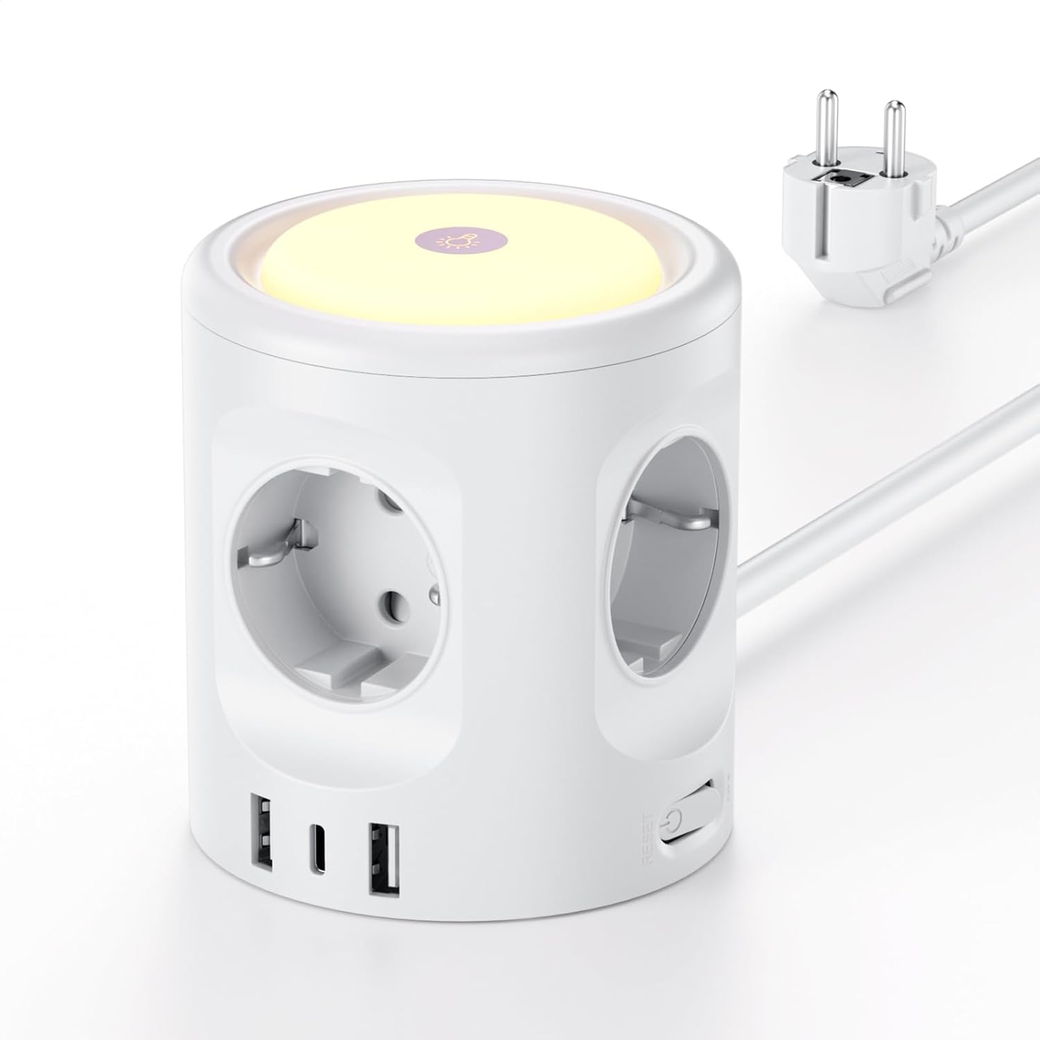 Detalle de Ciabatta multipresa con luce e 3 porte USB (USB-C + USB-A) 16A 2 m con interruttore, ciabatta a 4 scomparti Schuko