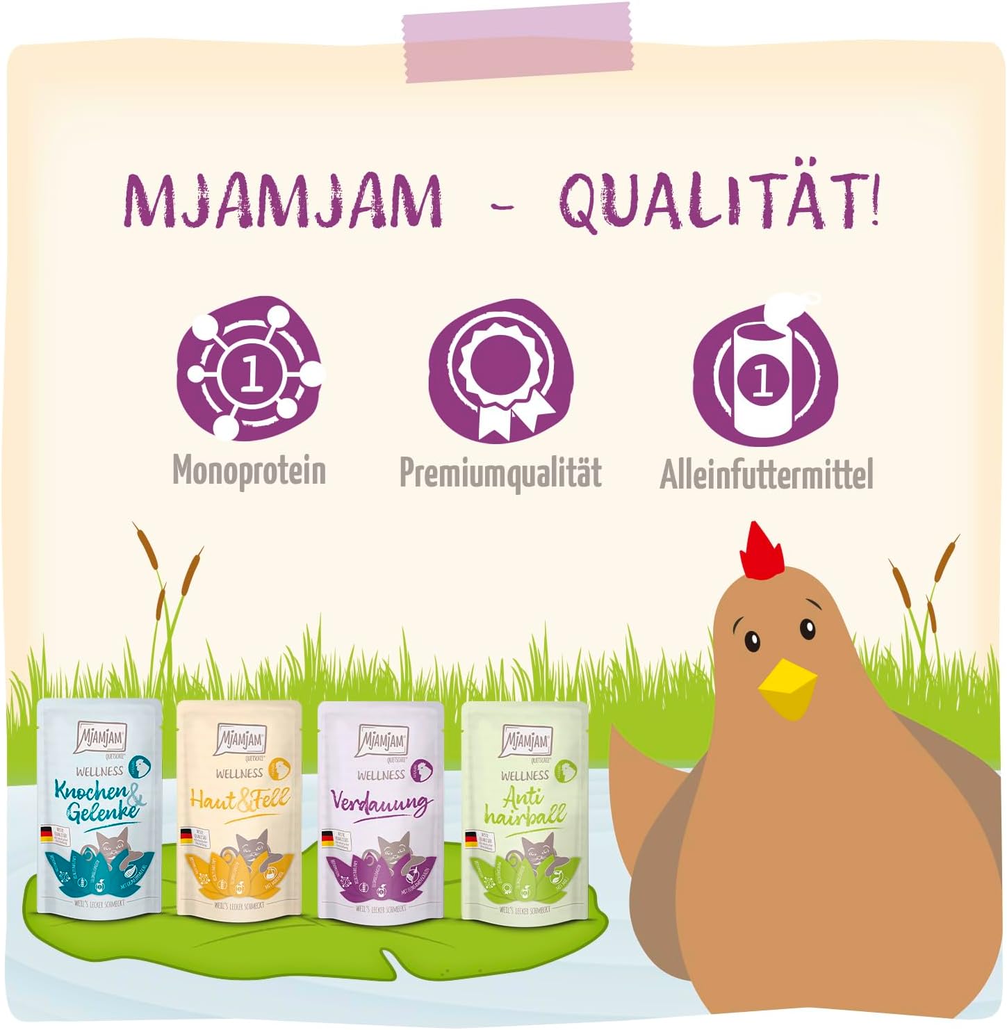 Detalle de MjAMjAM Premium Nassfutter Katzen – Wellness Wohlfühlpaket Huhn, 12er Pack (12 x 125 g), getreidefrei mit extra Fleisch