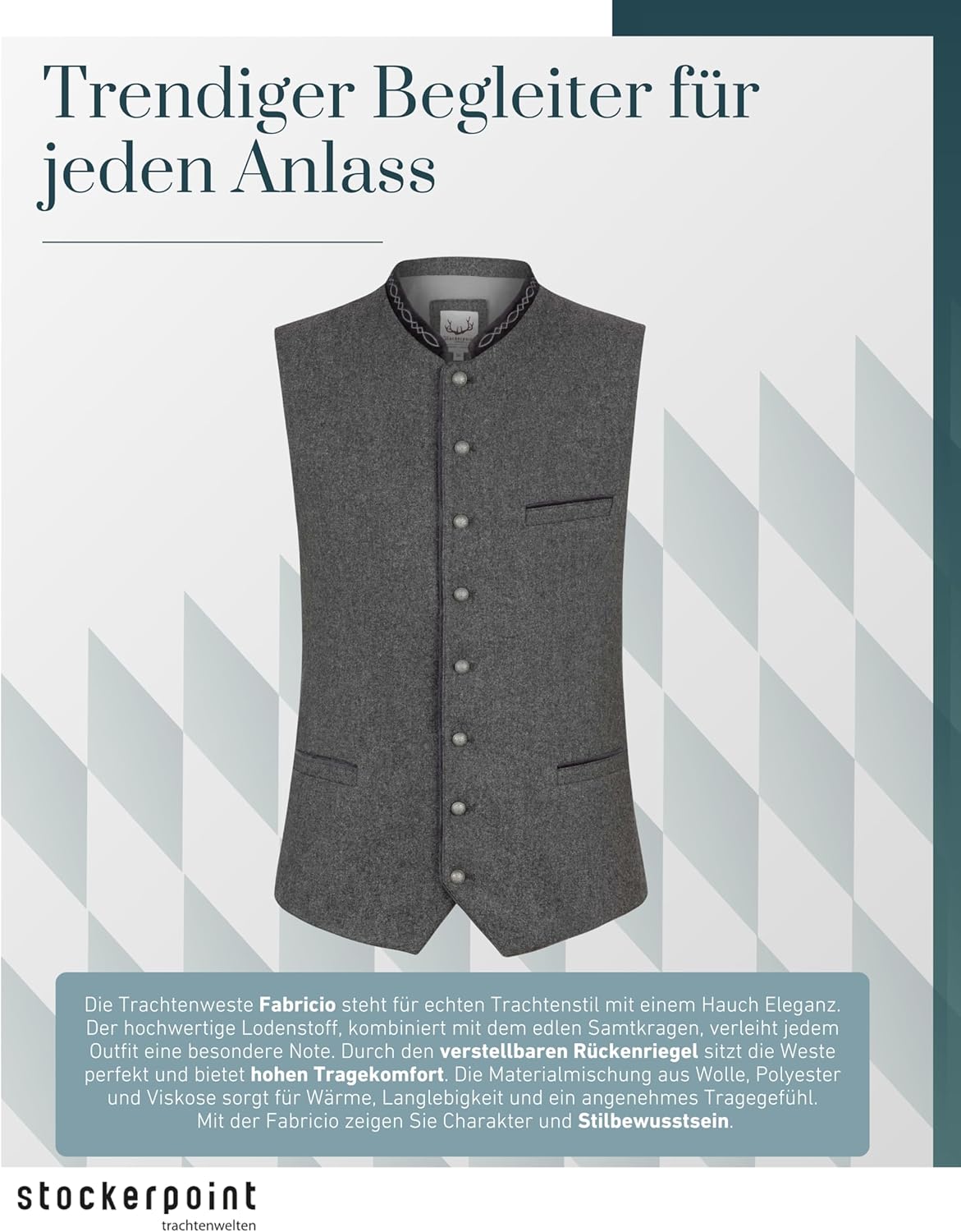 Detalle 1 de Stockerpoint Herren Trachtenweste Fabricio aus Lodenstoff – mit verstellbarem Rückenriegel (1er Pack)