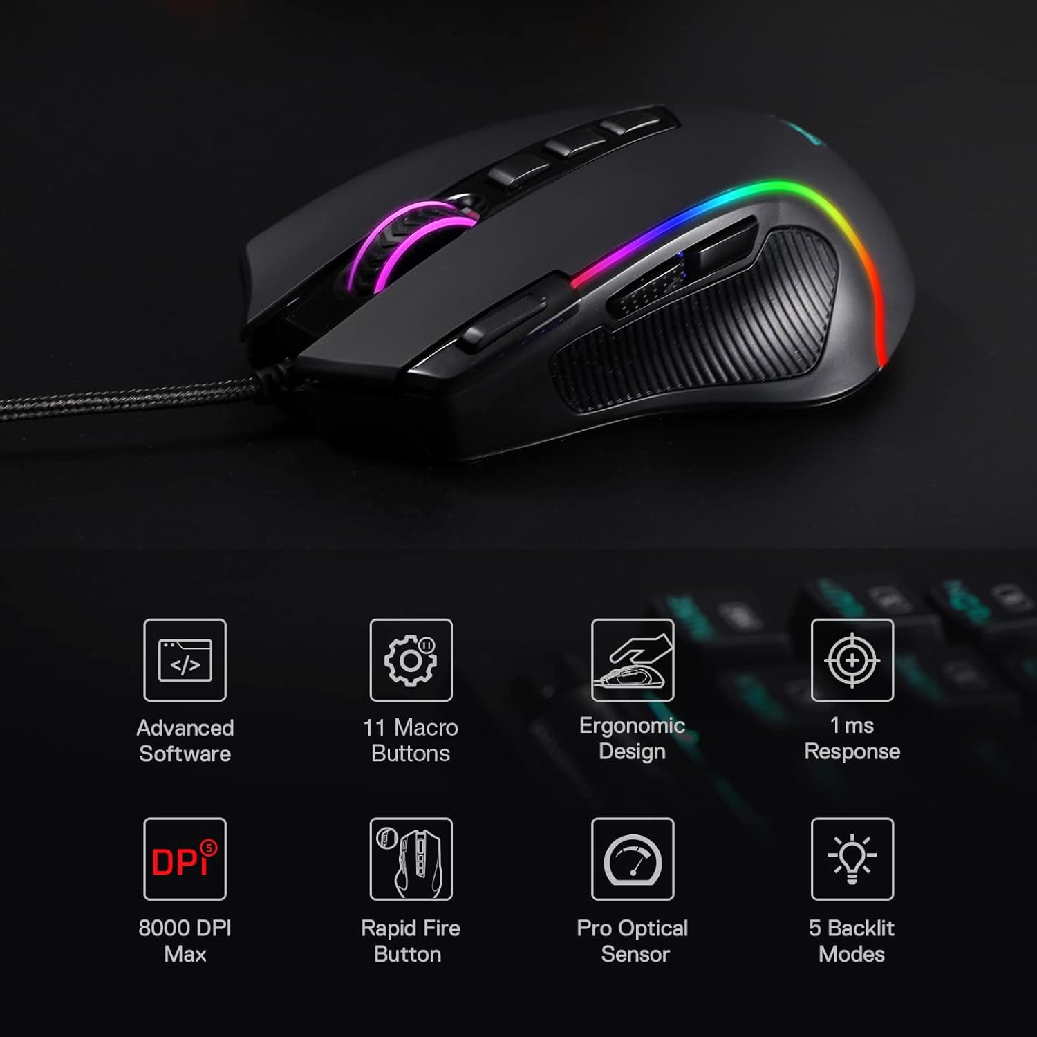 Detalle de Redragon M612 Predator RGB Gaming Maus mit 8000 DPI