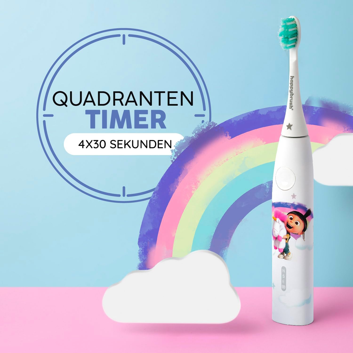 Detalle de happybrush Kids Schallzahnbürste inkl. 3 Aufsteckbürsten – Paw Patrol & Minions Agnes Einhorn-Design