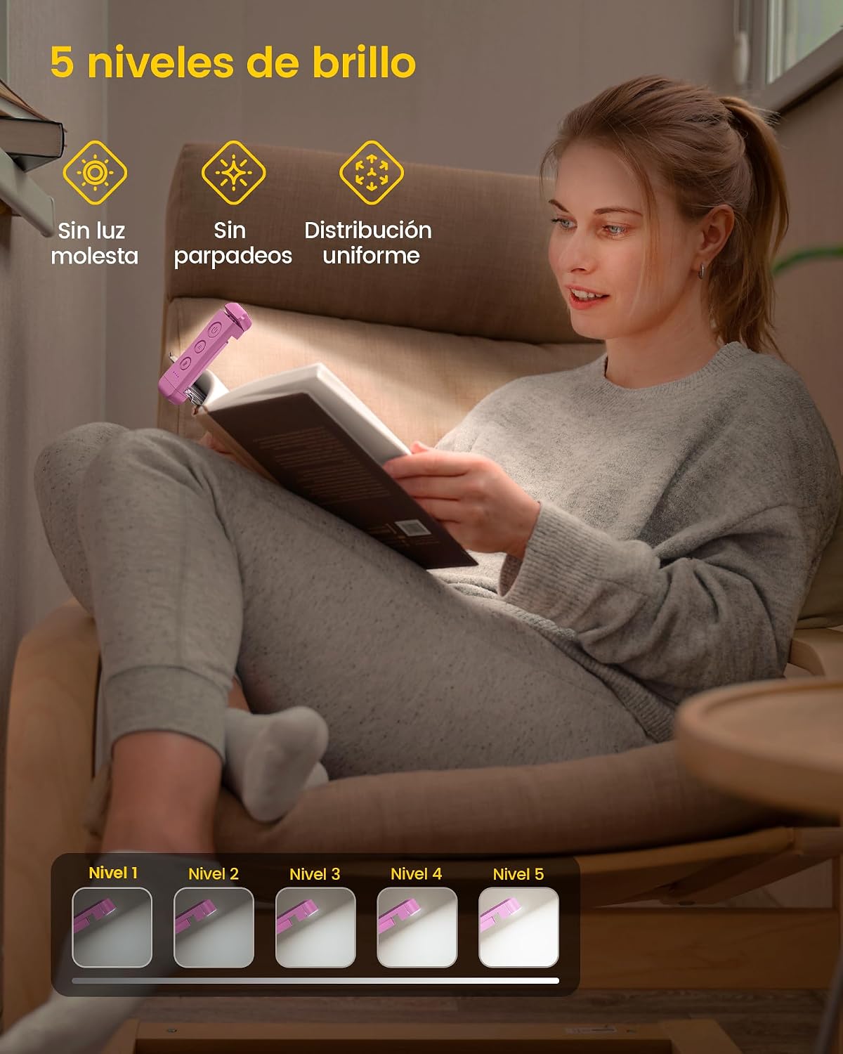Detalle 2 de Glocusent Luz de Lectura LED Recargable USB con Pinzas 📖