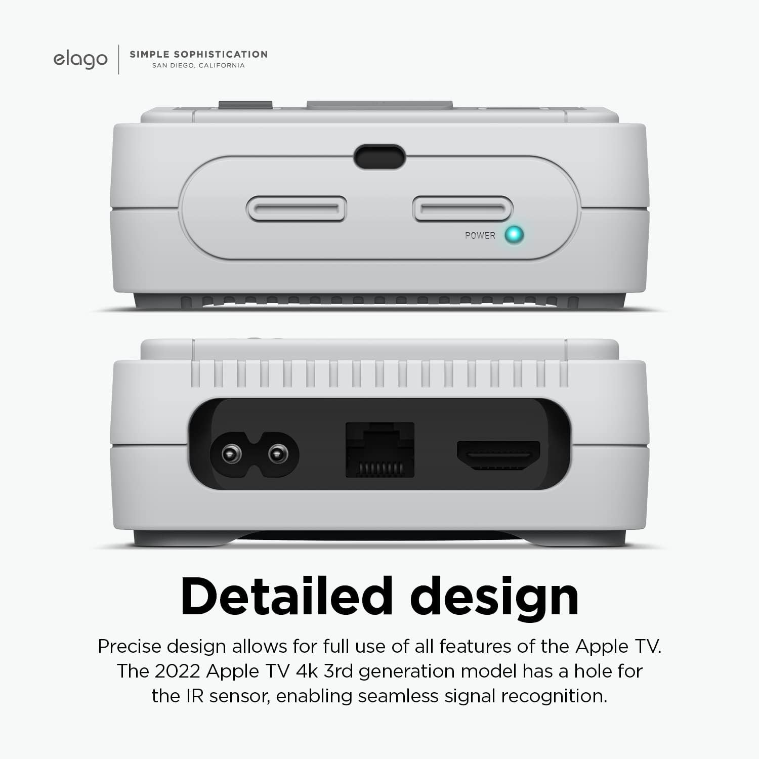 Detalle de elago T4 Case for Apple TV 4K (3rd Generation, 2022) in Light Grey — IR sensor cut-out & LED cut-out