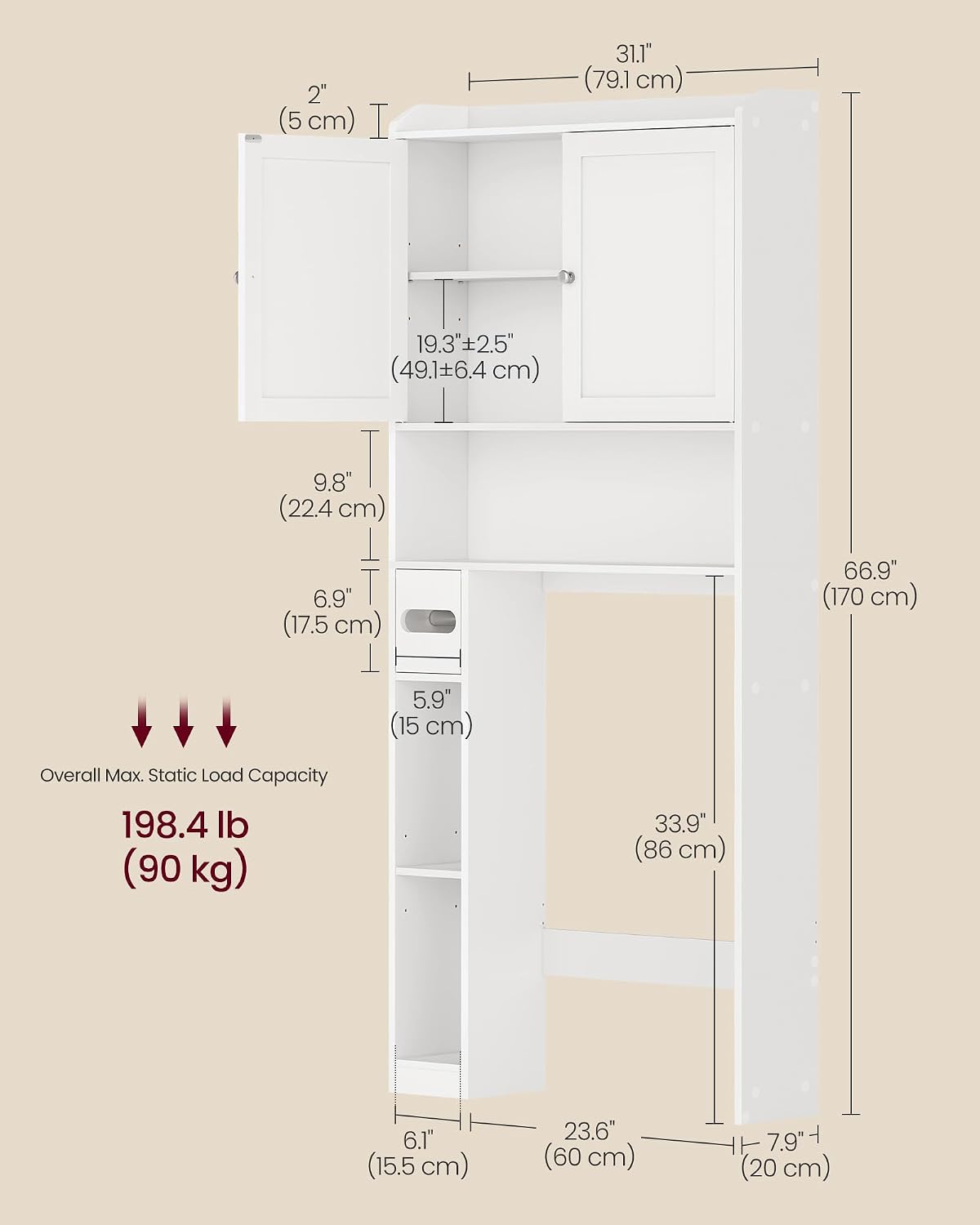 Detalle de VASAGLE over-the-toilet storage shelf, 7.9 x 31.1 x 66.9 inches