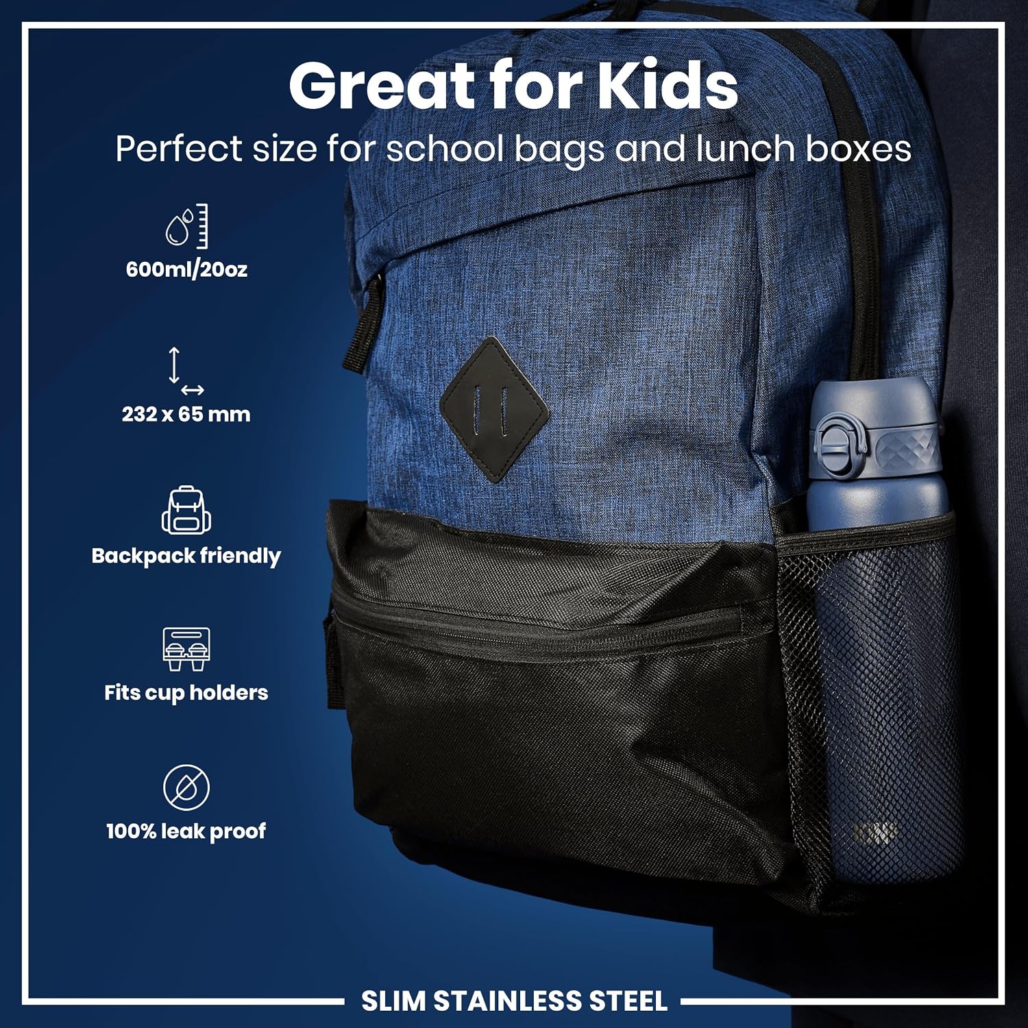 Thumbnail 1 de Ion8 Lightweight Steel Water Bottle 600 ml/20 oz (Ash Navy) – Non-Insulated, Leak‑Proof & Dishwasher Safe
