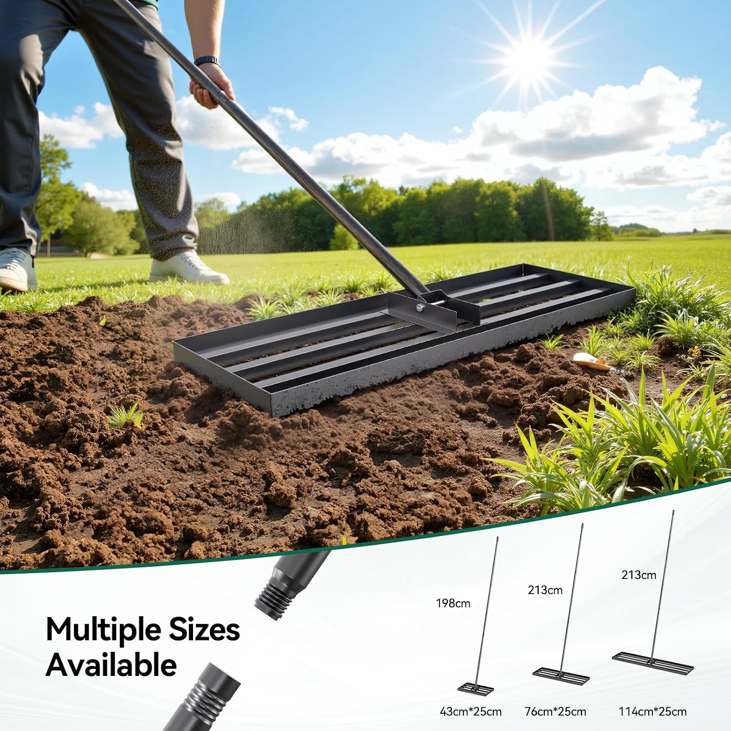 Detalle de Warmiehomy Garden Lawn Leveling Rake with Adjustable Handle (76 x 25 cm) – 2-metre leaf and soil rake for yard levelling