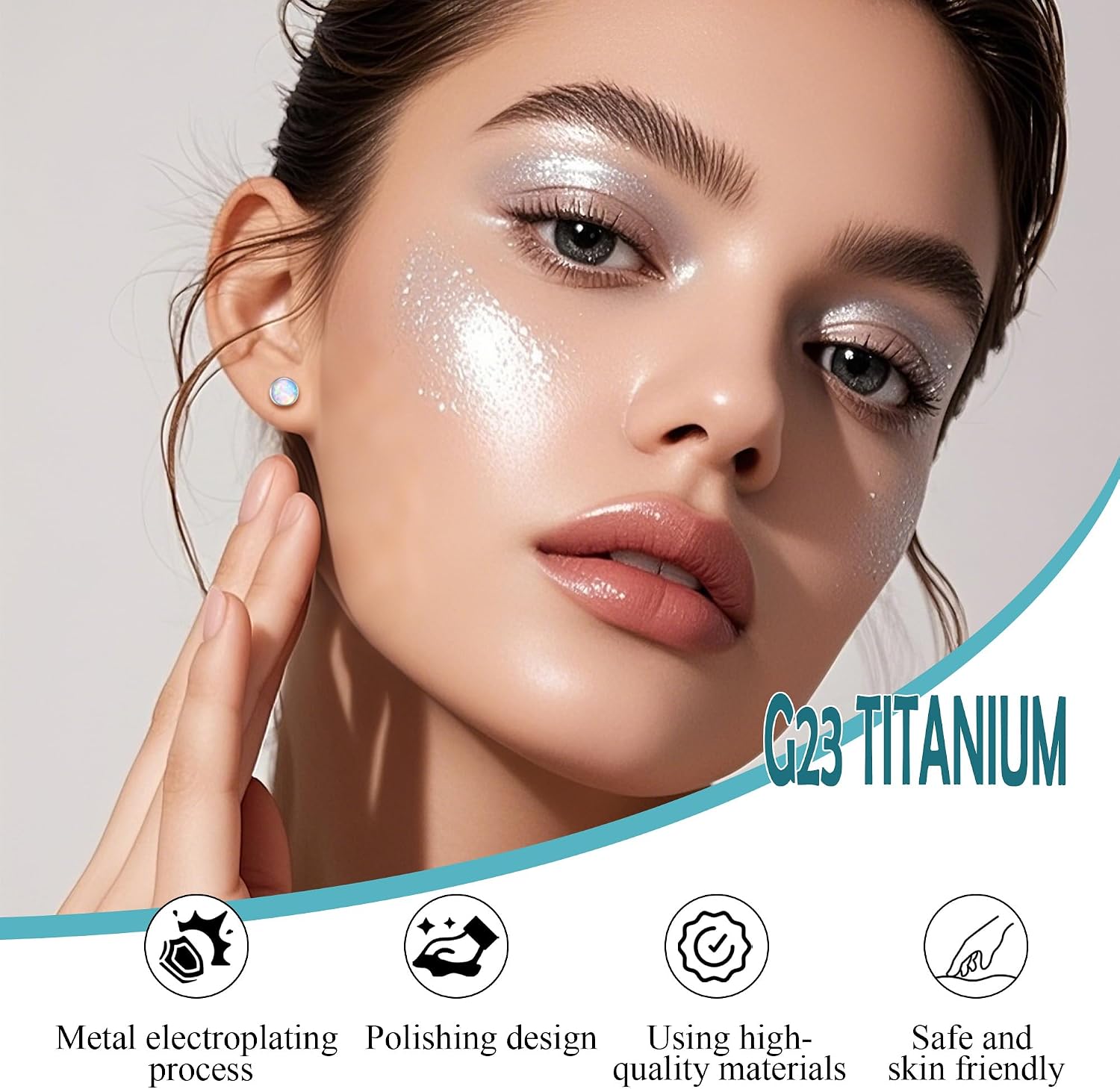 Detalle de ZDE G23 Titanium Opal Blue Pacific Heart Flatback Stud Earrings (3/4/5mm) for Sensitive Ears