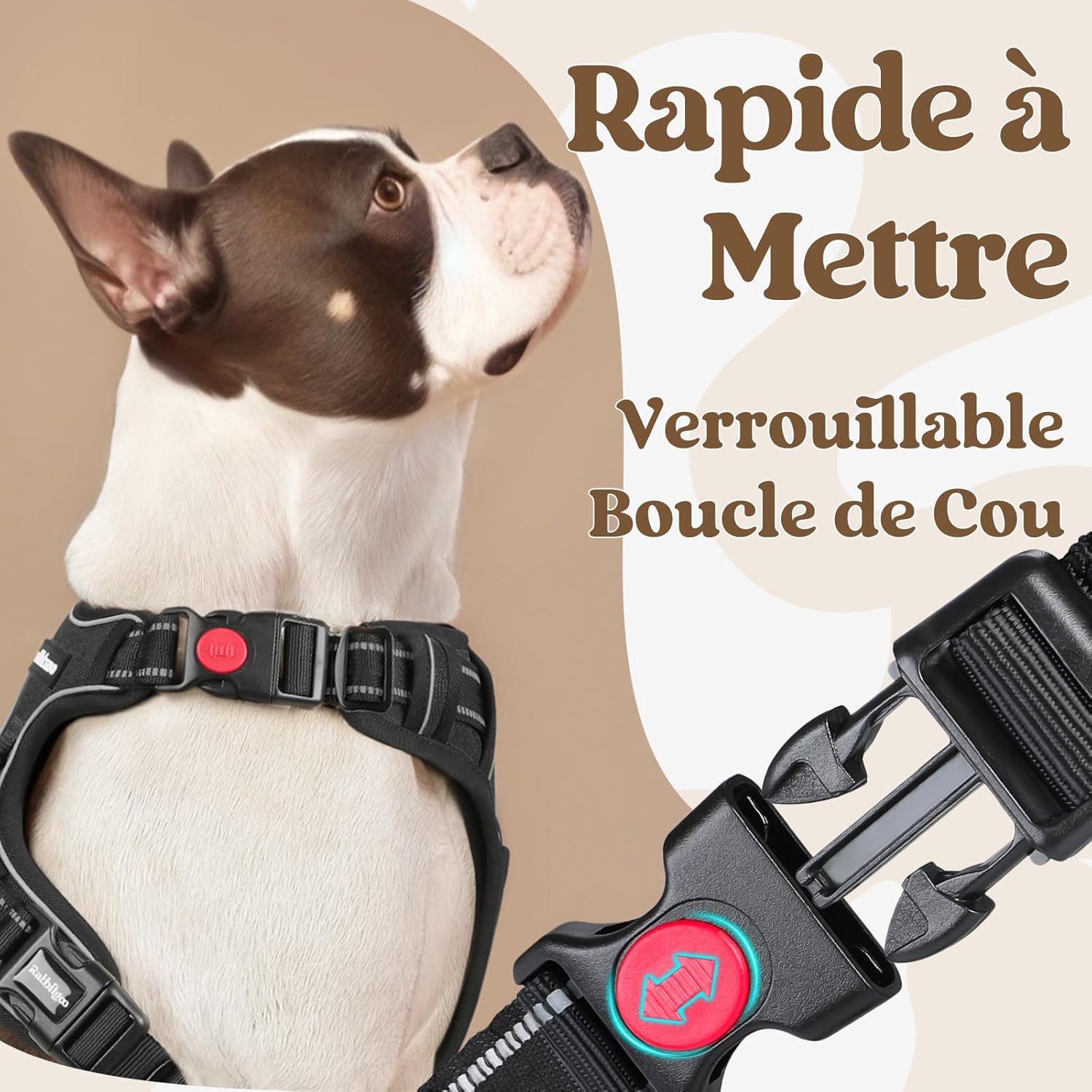 Detalle de rabbitgoo Harnais pour chien anti-traction à 3 boucles, poignée et attache devant, réglable et réfléchissant (XL, noir)
