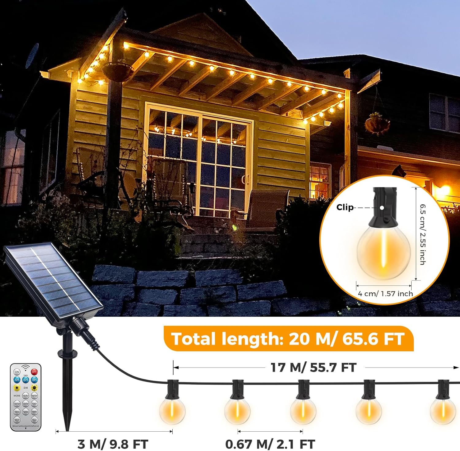Detalle 2 de btfarm Solar Lichterkette für außen mit Fernbedienung, 20 m (25+2 LEDs) Warmweiß und 8 Modi