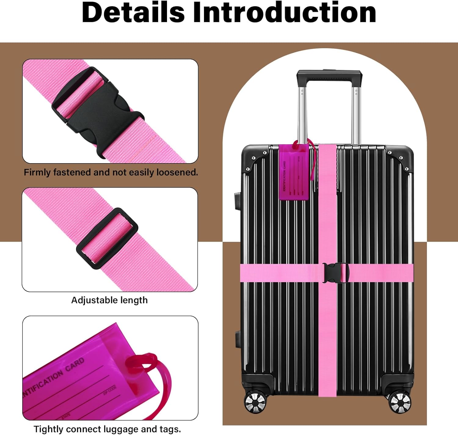 Detalle de 2 Pack Luggage Straps and 2 Pack Tags Sets for Suitcases (Pink) – Adjustable 198 cm with Quick Release Buckle