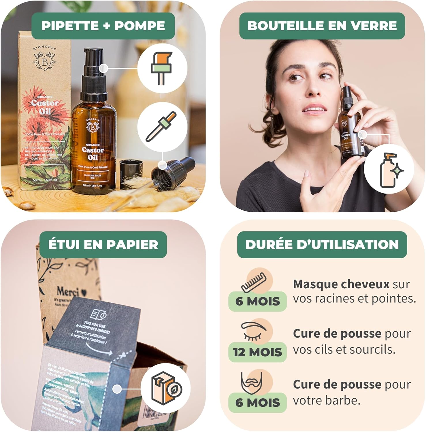 Detalle 2 de BIONOBLE Huile de Ricin Bio Pressée à Froid – 100 ml, 100% Naturelle, pour cheveux, cils et sourcils