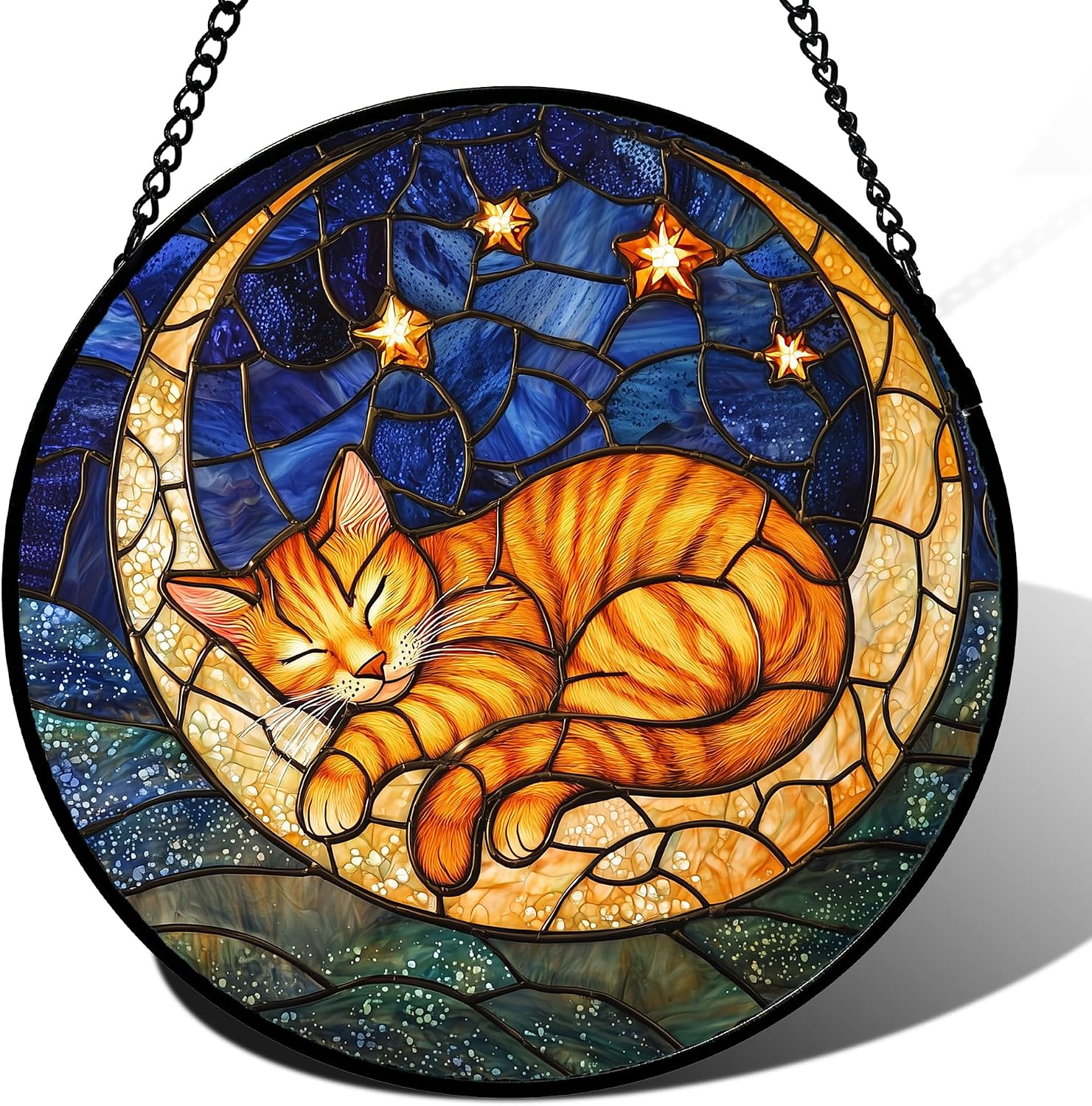 Detalle de AMDERVEN Orange Cat Moon Window Suncatcher, 9.8-Inch Blue Starry Sky