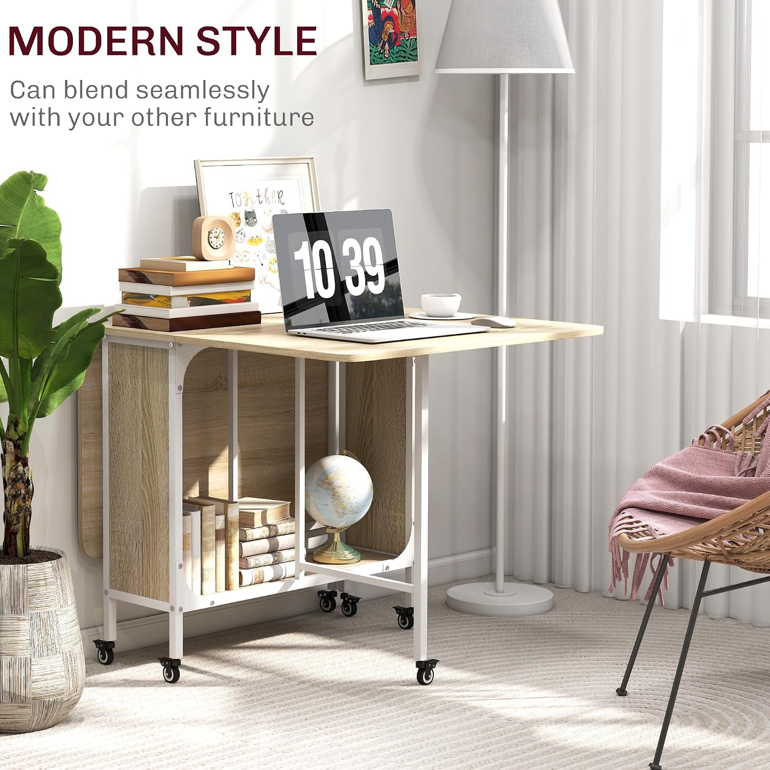 Thumbnail 6 de HOMCOM 835-789V00ND Folding Dining Table, Drop-Leaf, 6 Wheels and Storage Shelf