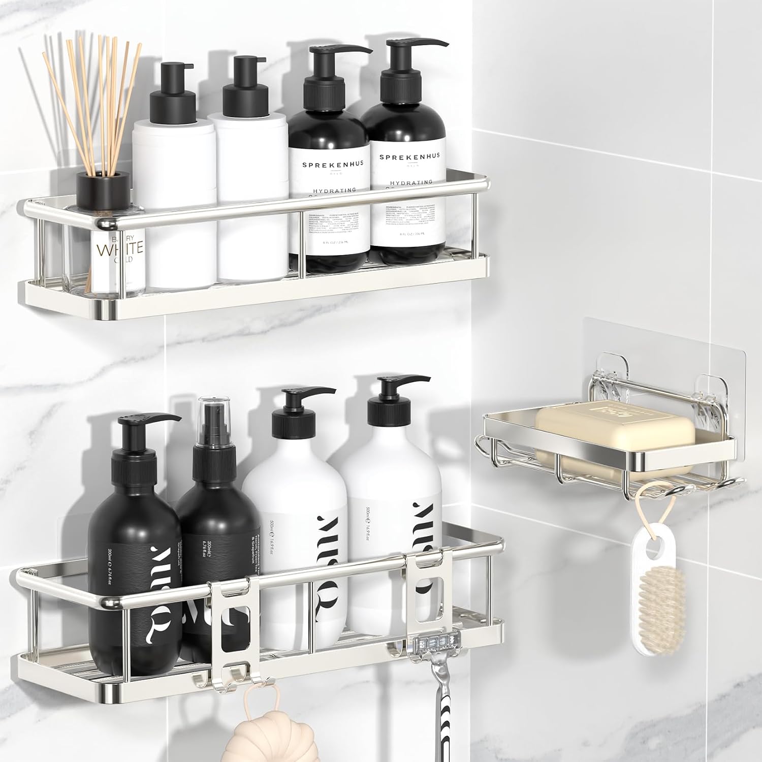 Detalle de YASONIC Duschablage ohne Bohren (3er-Set) – rostfreie Organizer mit 2 Haken, schnell trocknend, Silber
