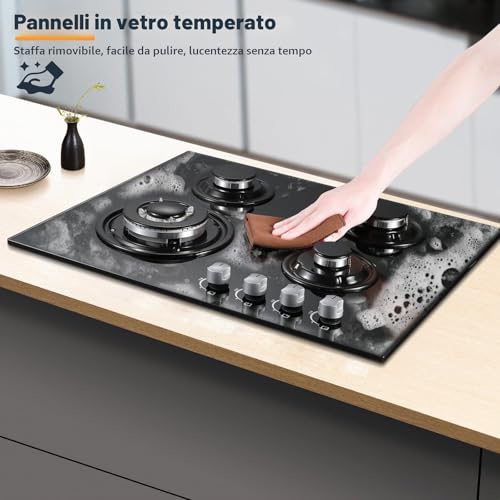 Detalle de TopStrong Piano Cottura a Gas 4 Fuochi in Vetro Nero – 8060 W, FFD, NG/LPG