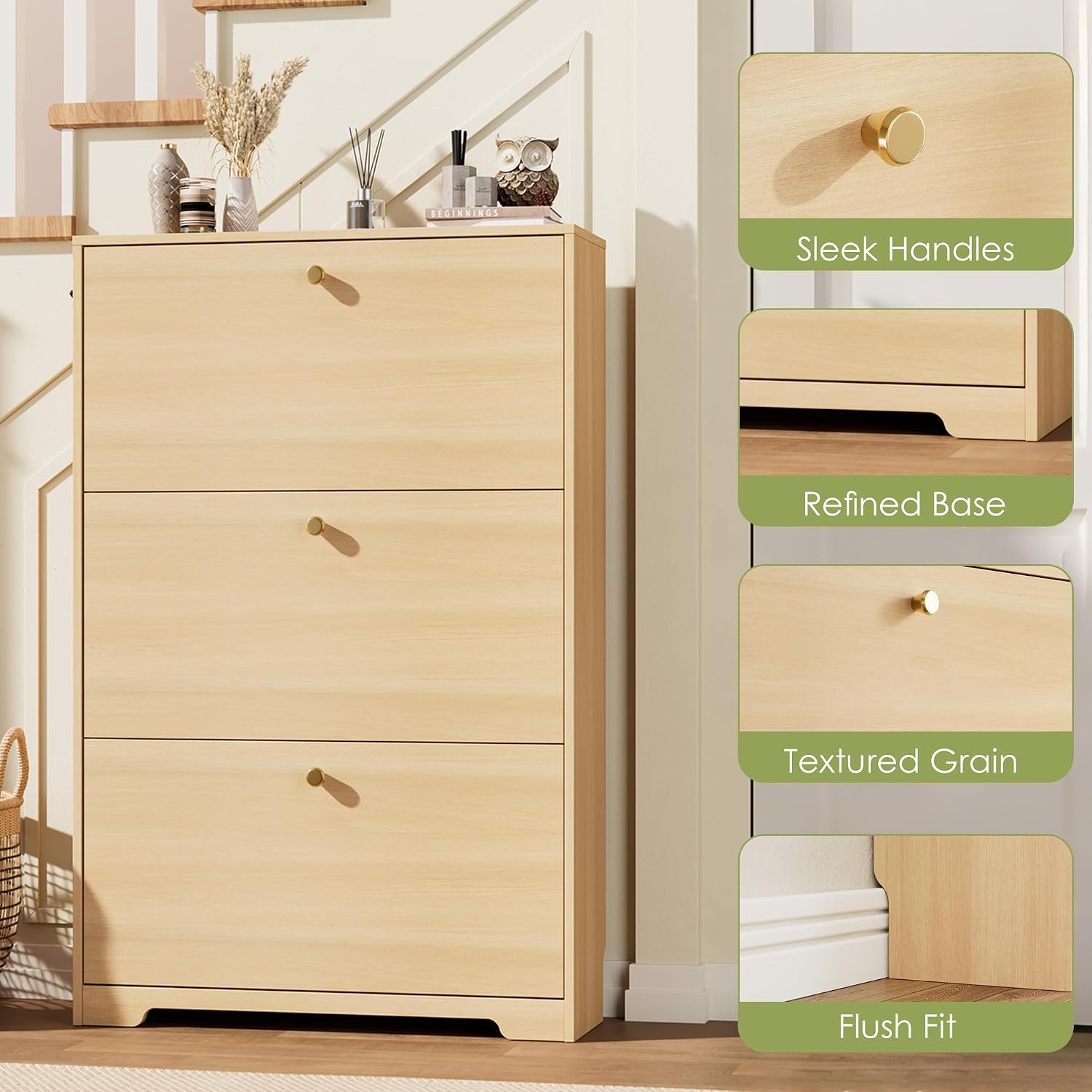 Detalle 2 de Nicetree NT-SC004 Shoe Storage Cabinet, Natural Oak, 3 Flip Drawers