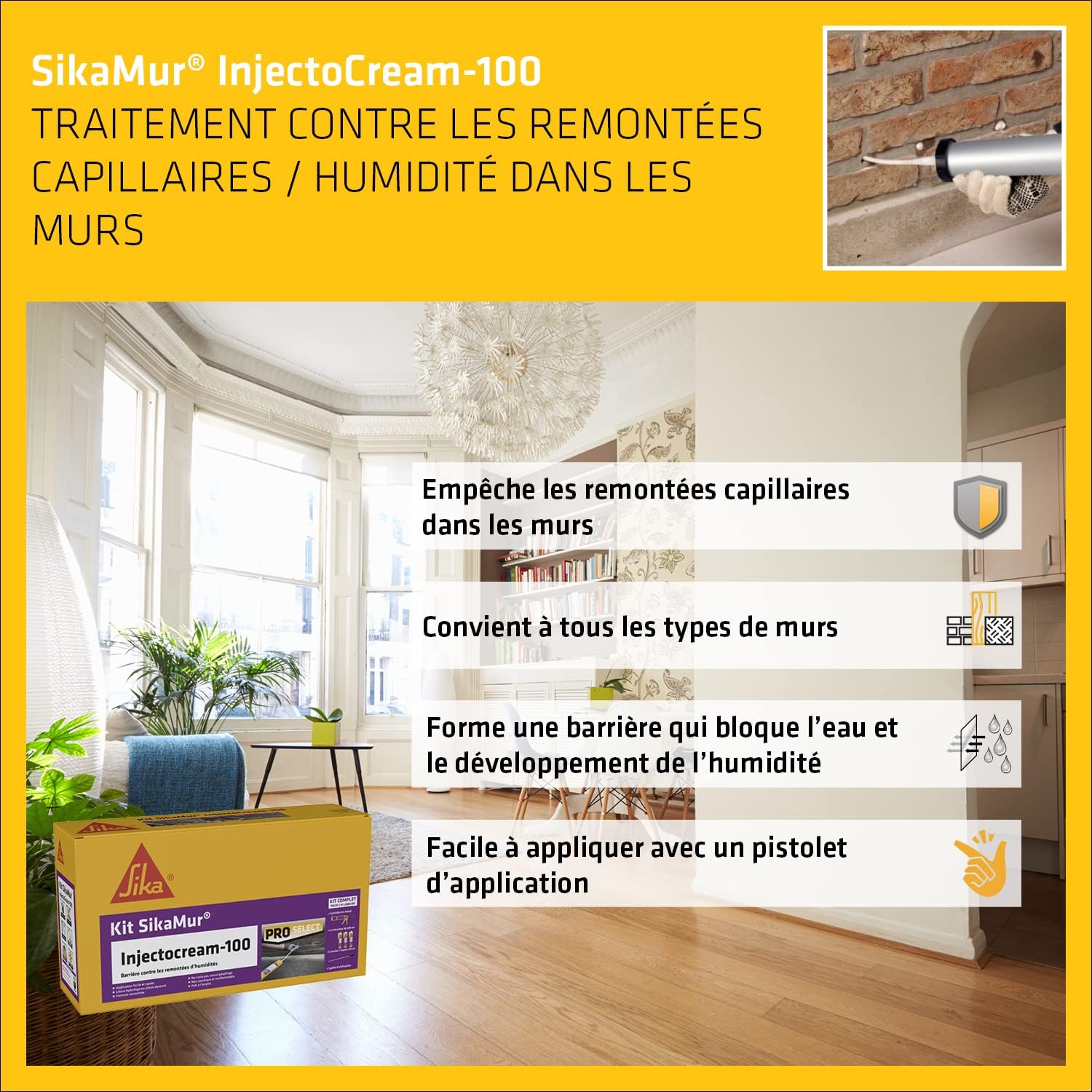 Thumbnail 3 de SikaMur InjectoCream 100 Blanc – Kit traitement remontées capillaires, 5 m linéaire (Intérieur et Extérieur)