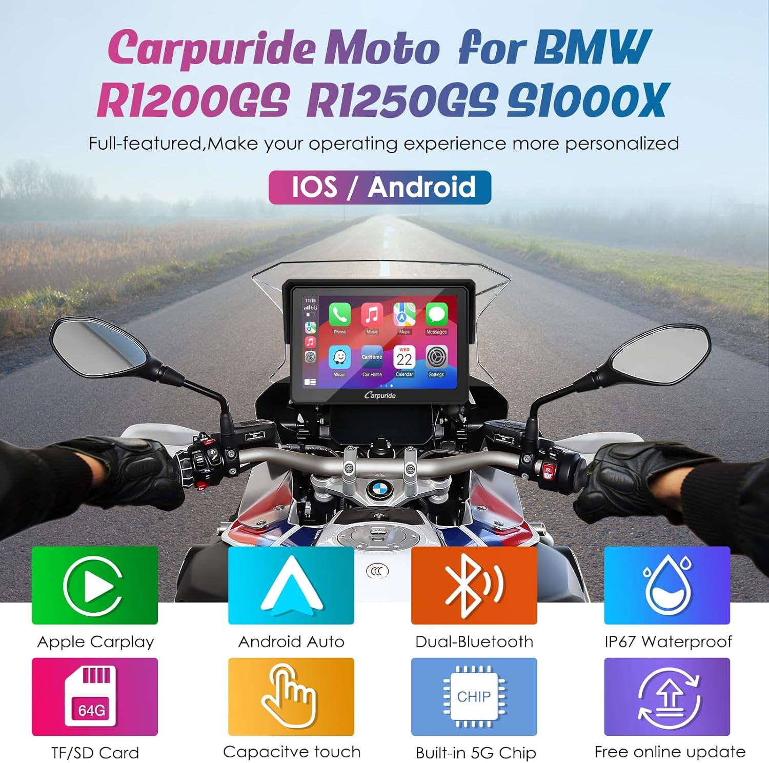Detalle de Carpuride W502b Motorcycle CarPlay Screen for BMW (R1200GS / R1250GS / S1000XR) with 5-Inch IPS Touchscreen