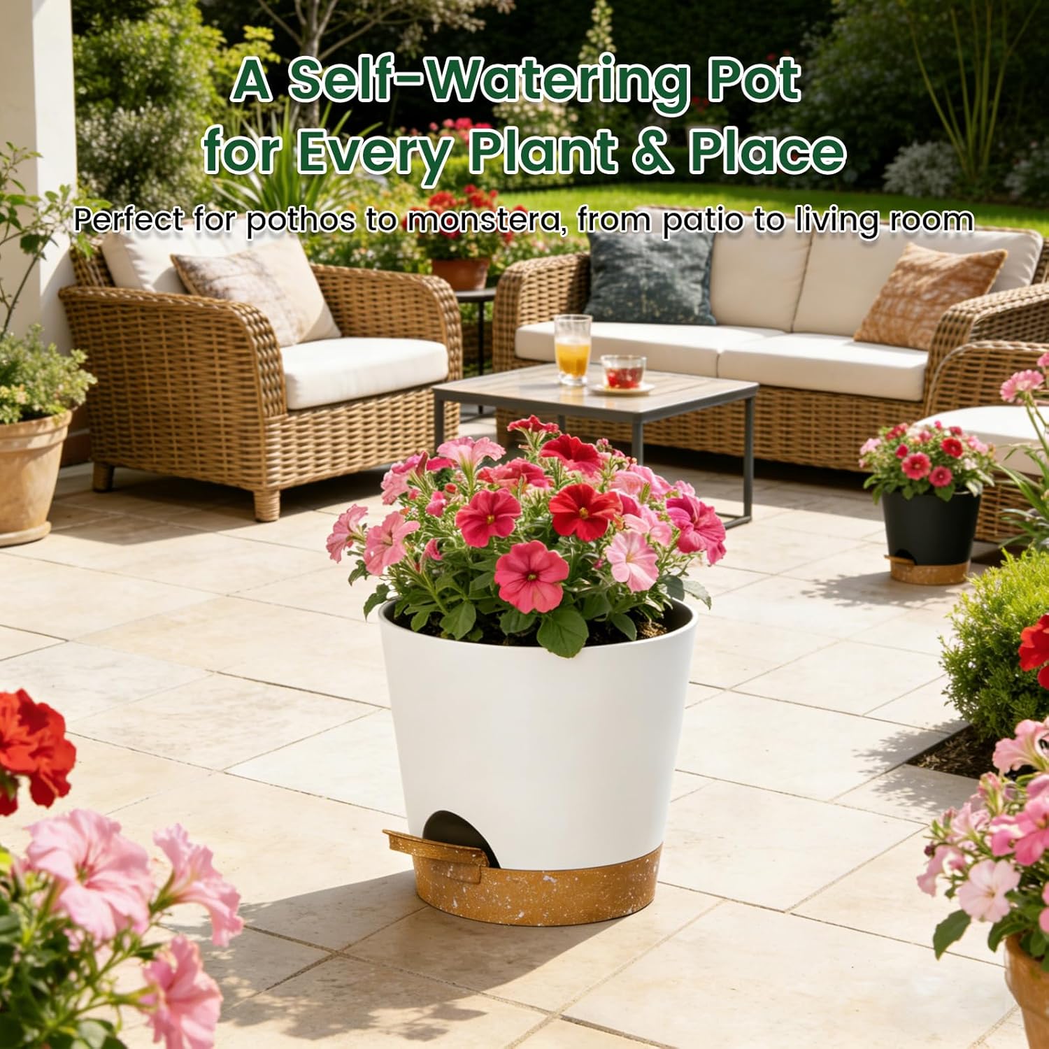 Thumbnail 4 de WSMKSZ 25cm Large Self-Watering Plant Pots (3 Pack) with Deep Reservoirs, Cotton Wicks, White/Brown