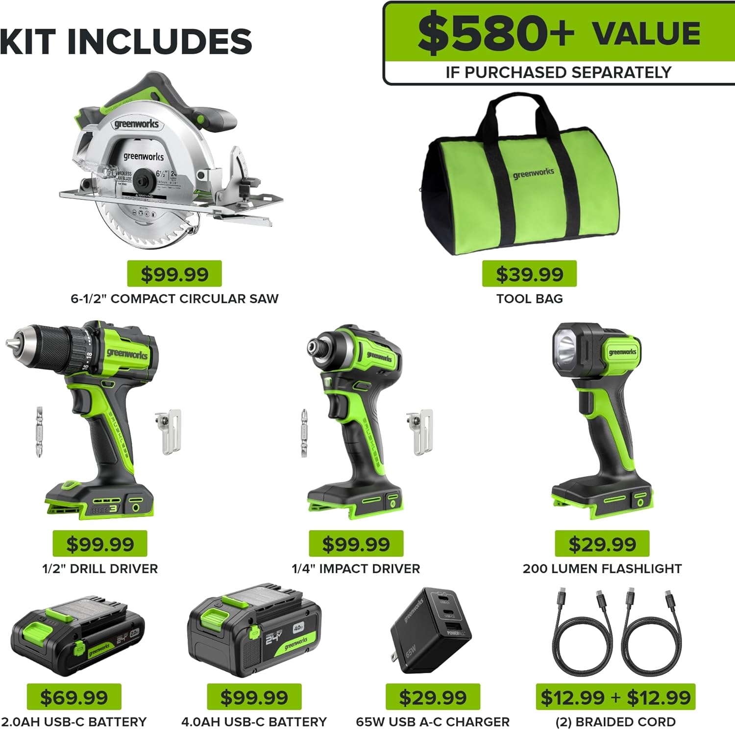 Detalle 2 de Greenworks Set utensili cordless 24V da 4 pezzi: avvitatore/trapano brushless, avvitatore a impatto e sega circolare da 6,5”