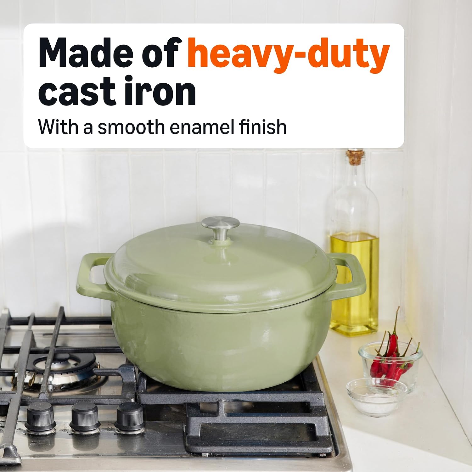 Detalle de Amazon Basics Cast Iron Casserole Dish with Lid, Enamelled, Olive, 5.7 L