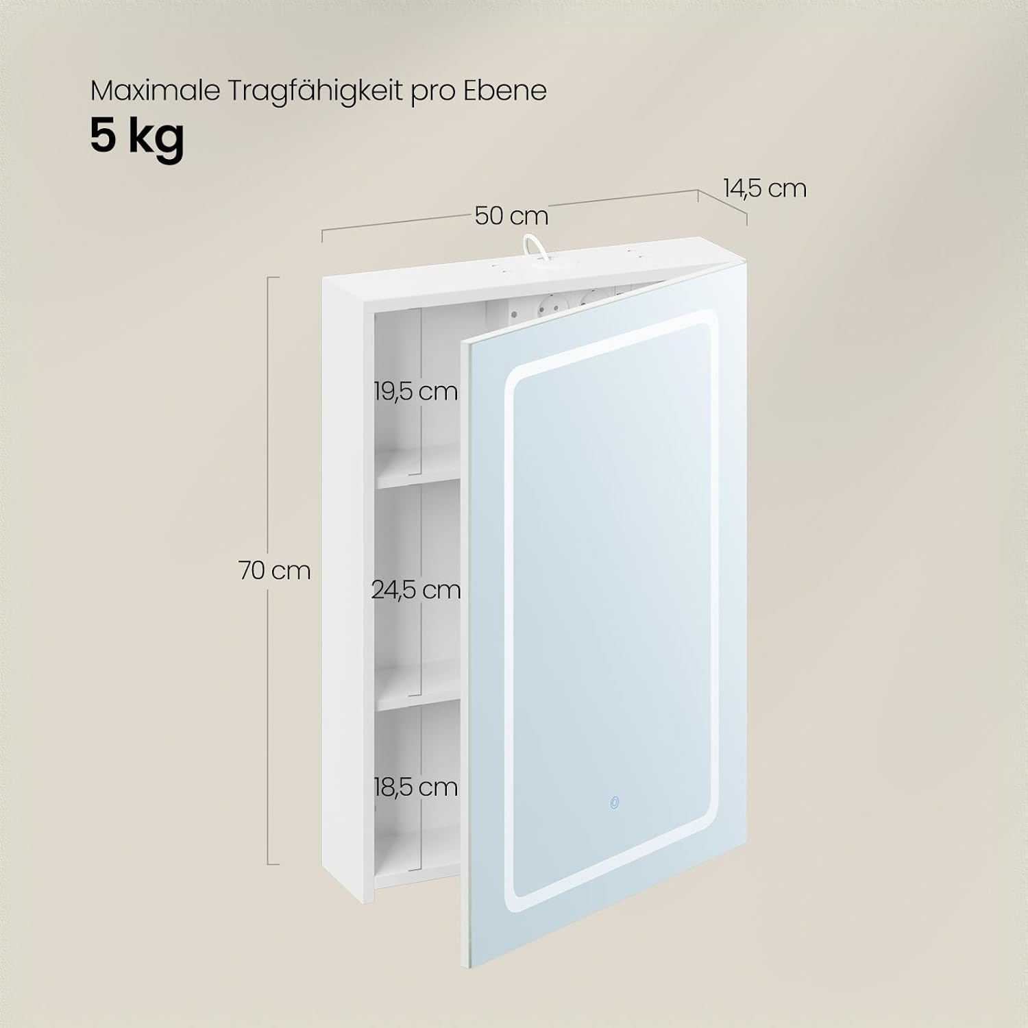 Detalle de EUGAD Spiegelschrank für kleine Badezimmer mit 1 Spiegeltür, 3 Farbtemperaturen & Steckdosen (50 x 70 x 14,5 cm) – Weiß