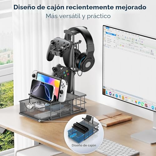 Thumbnail 1 de KDD Soporte Auriculares Gaming con Cajón y Organizador de Cables – Barra de Aluminio, 2 Mandos y USB/Dispositivos